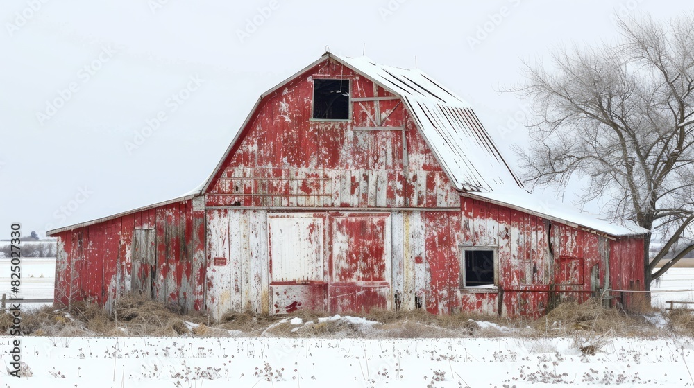 Photographed in spring a dilapidated barn on a farm with peeling paint and snow on the ground Photographed in spring a dilapidated barn on a farm with peeling paint and snow on the ground