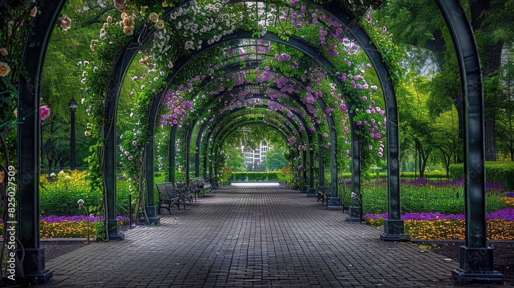 Beautiful rose garden with arches and walkways, full of blooming roses in various colors. Blooming flowers, green leaves, clear sky, people walking along the path, natural scenery. Beautiful rose garden with arches and walkways, full of blooming roses in various colors. Blooming flowers, green leaves, clear sky, people walking along the path, natural scenery.