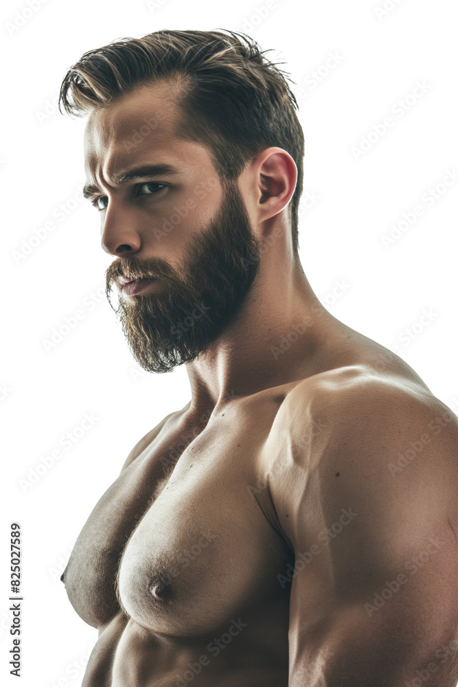 Bearded Muscular Man Posing Shirtless in Profile Bearded Muscular Man Posing Shirtless in Profile