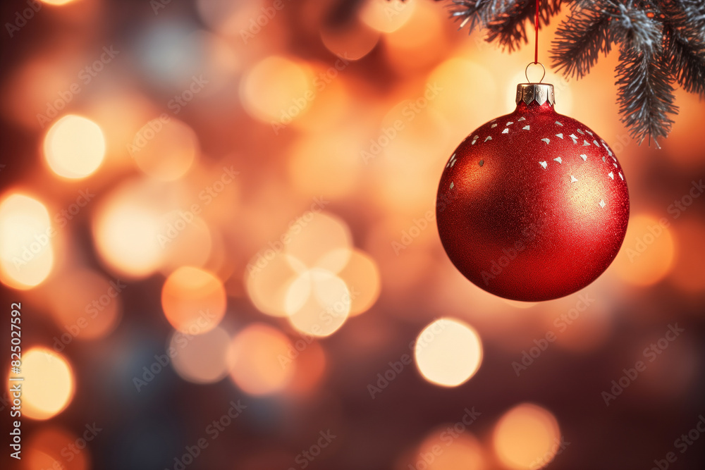 Red ornament hanging from christmas tree. Background with selective focus and copy space Red ornament hanging from christmas tree. Background with selective focus and copy space