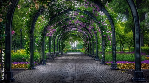 Beautiful rose garden with arches and walkways  full of blooming roses in various colors. Blooming flowers  green leaves  clear sky  people walking along the path  natural scenery.