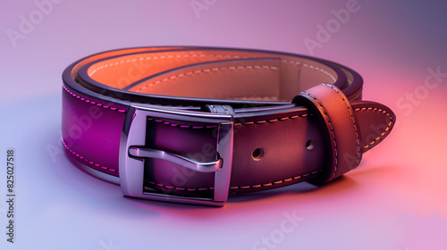 Leather belt with a sleek buckle on a soft orange purple gradient, generative ai