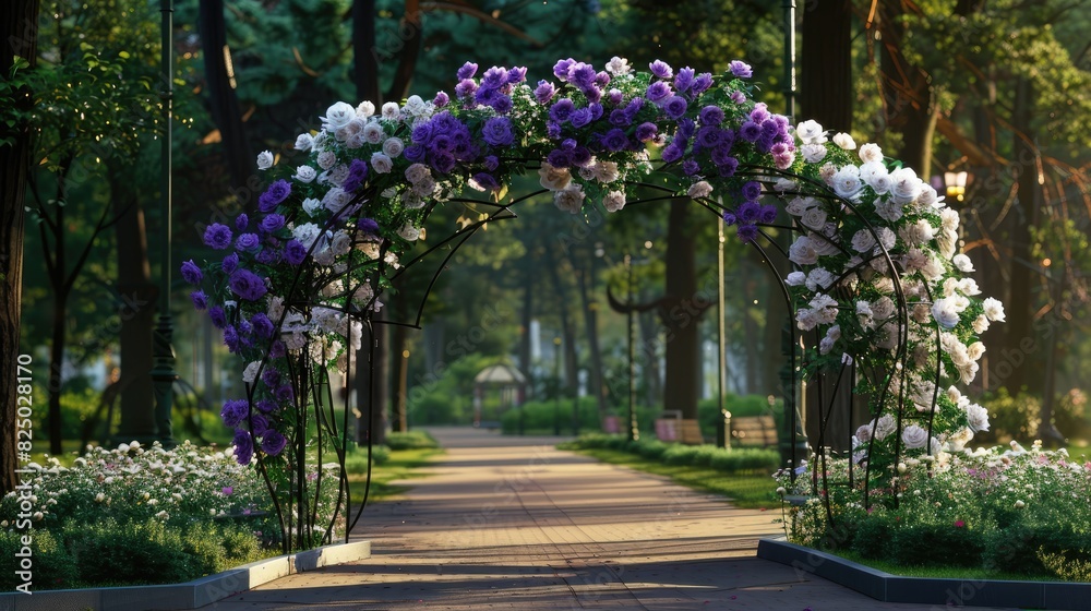 Beautiful rose garden with arches and walkways, full of blooming roses in various colors. Blooming flowers, green leaves, clear sky, people walking along the path, natural scenery.