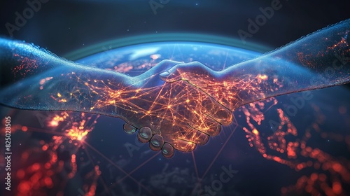 A conceptual image showing a digital handshake between two continents on a virtual interface  symbolizing international agreements and digital contracts over a network.