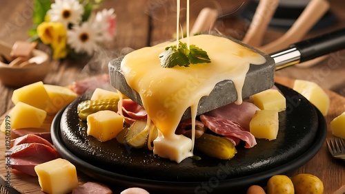 A mouth-watering food photograph showcasing a raclette dish