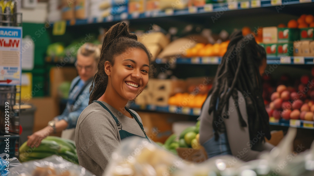 Community Food Bank Volunteers Packing Groceries in Multiracial Group