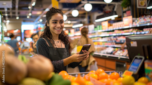 Modern Supermarket Checkout  Customer Pays with Smartphone