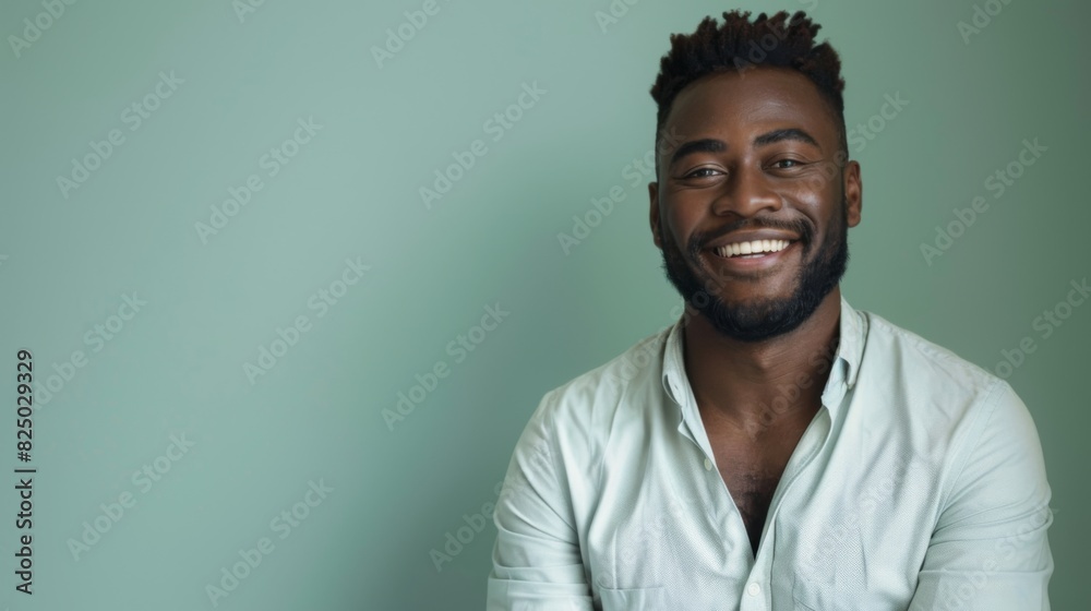Obraz premium a smiling handsome black businessman wearing a shirt, feeling confident, isolated on a light green background.