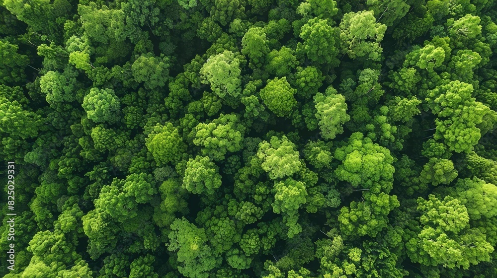 Aerial view of lush green forest canopy showcasing dense foliage in vibrant natural landscape, perfect for nature and conservation themes.