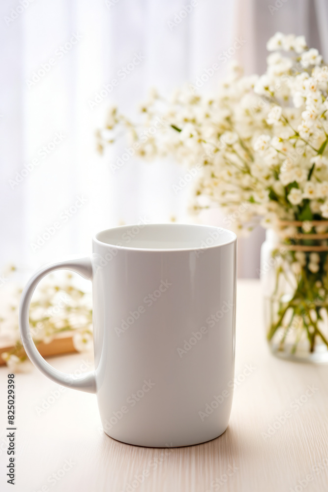 White coffee mug sitting on table next to vase of flowers. White coffee mug sitting on table next to vase of flowers.