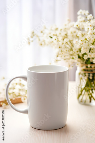 White coffee mug sitting on table next to vase of flowers.