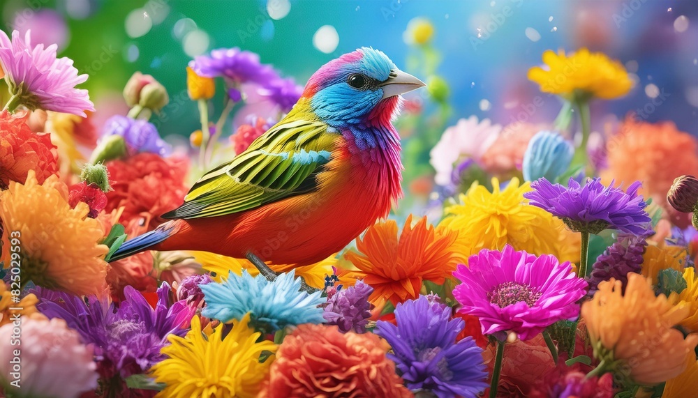 A birds A Painted Bunting bird surrounded be an explosion of colorful flowers,oiseau, perroquet, animal,branches, loriinae, perruche, oiseau, sauvage birds 