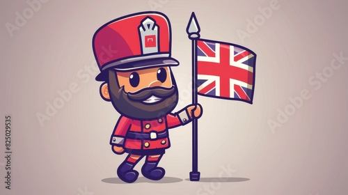 Fun cartoon with a cute british guardsman and the British flag. Modern illustration for coloring photo