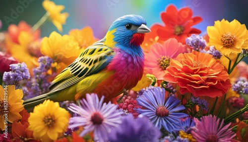 A birds A Painted Bunting bird surrounded be an explosion of colorful flowers,oiseau, perroquet, animal,branches, loriinae, perruche, oiseau, sauvage birds 