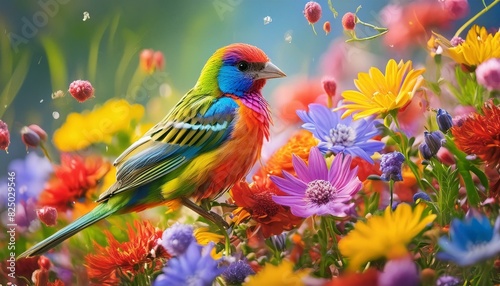 A birds A Painted Bunting bird surrounded be an explosion of colorful flowers,oiseau, perroquet, animal,branches, loriinae, perruche, oiseau, sauvage birds  © Lal