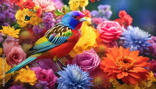 A birds A Painted Bunting bird surrounded be an explosion of colorful flowers,oiseau, perroquet, animal,branches, loriinae, perruche, oiseau, sauvage birds  photo