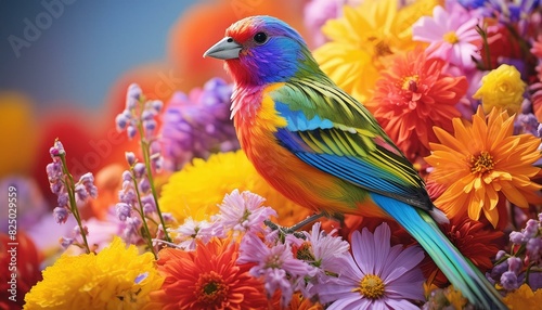 A birds A Painted Bunting bird surrounded be an explosion of colorful flowers,oiseau, perroquet, animal,branches, loriinae, perruche, oiseau, sauvage birds 