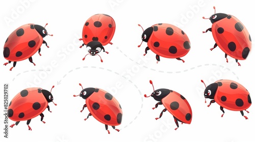 Detailed modern icons of ladybugs flying on dotted routes. Ladybirds with open wings. Isolated on white background.