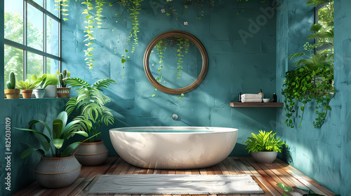 salle de bain cosy, et très nature, mur bleu, évier ou lavabo en pierre, avec un miroir rond reflétant les nombreuses plantes vertes présentes dans la pièce. Produits de beauté ou hygiène, serviettes photo