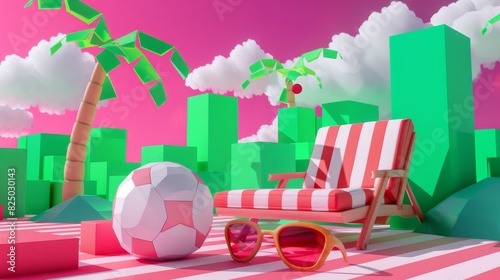 Beach chair, ball, and sunglasses on pink cubes