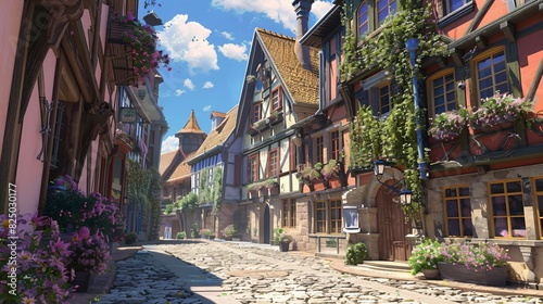 street with half-timbered houses on both sides and a stone street photo