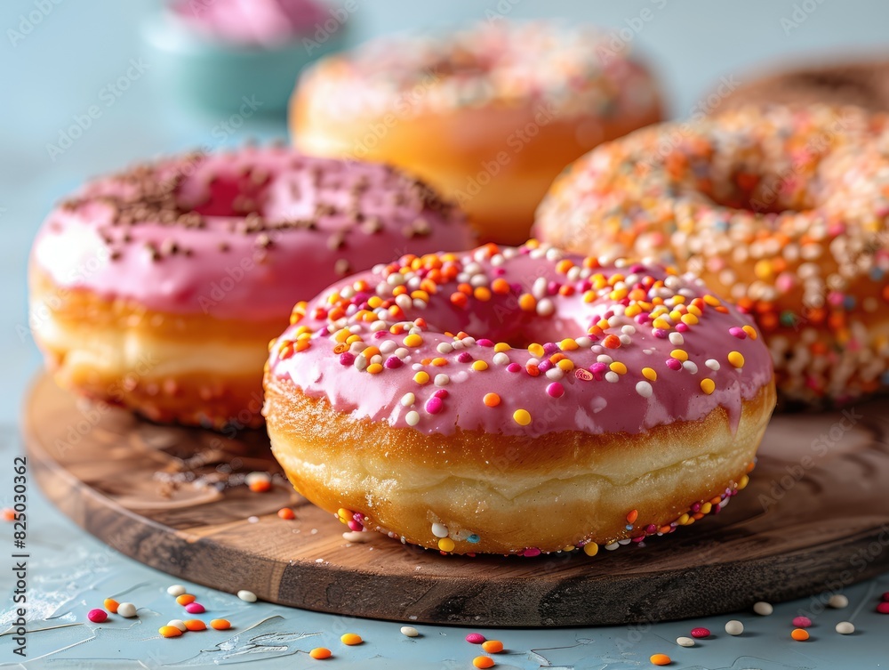 assorted donuts with chocolate frosted, pink glazed and sprinkles donuts. assorted donuts with chocolate frosted, pink glazed and sprinkles donuts.