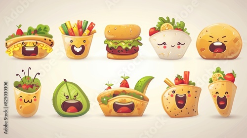 The funniest food cartoon character set ever. Mexican food cute cartoon character set. Mexican cuisine cute happy face emoticons mascot collection. Smiling latin american burrito. Modern cheerful