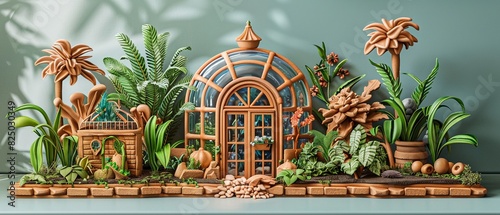 Experience the charm of a miniaturized world with this complex clay tray garden, showcasing an intricate greenhouse and a variety of miniature plants.