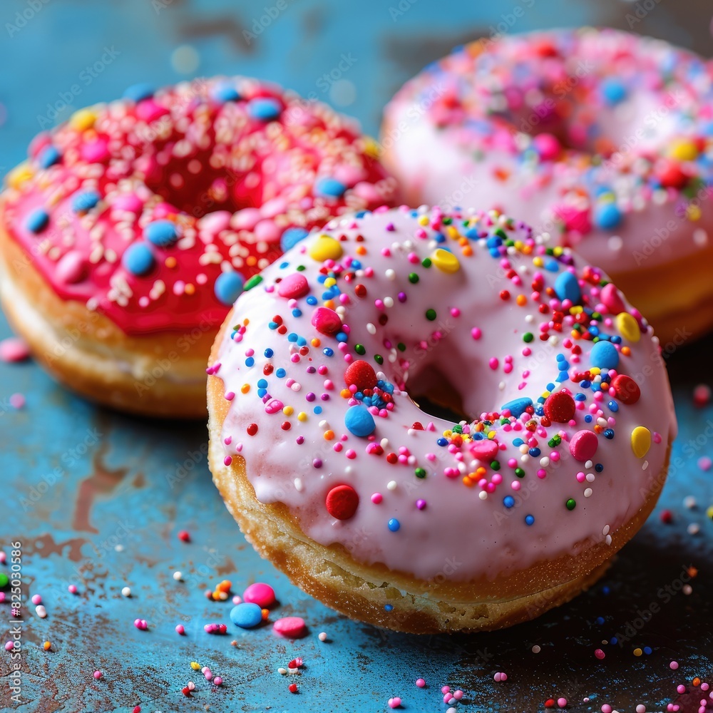assorted donuts with chocolate frosted, pink glazed and sprinkles donuts. assorted donuts with chocolate frosted, pink glazed and sprinkles donuts.