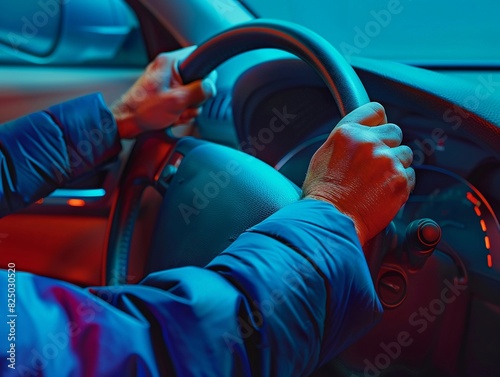 A powerful scene inside a car with dim lighting highlighting hands gripping the steering wheel, emphasizing excitement and intensity.