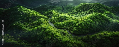 Aerial view of lush green hills covered in dense forest, creating a vibrant natural landscape under sunlight.