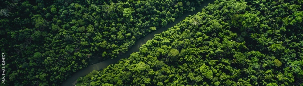 Aerial view of a lush green forest with a winding river cutting through, showcasing the beauty and density of nature's landscape. Aerial view of a lush green forest with a winding river cutting through, showcasing the beauty and density of nature's landscape.