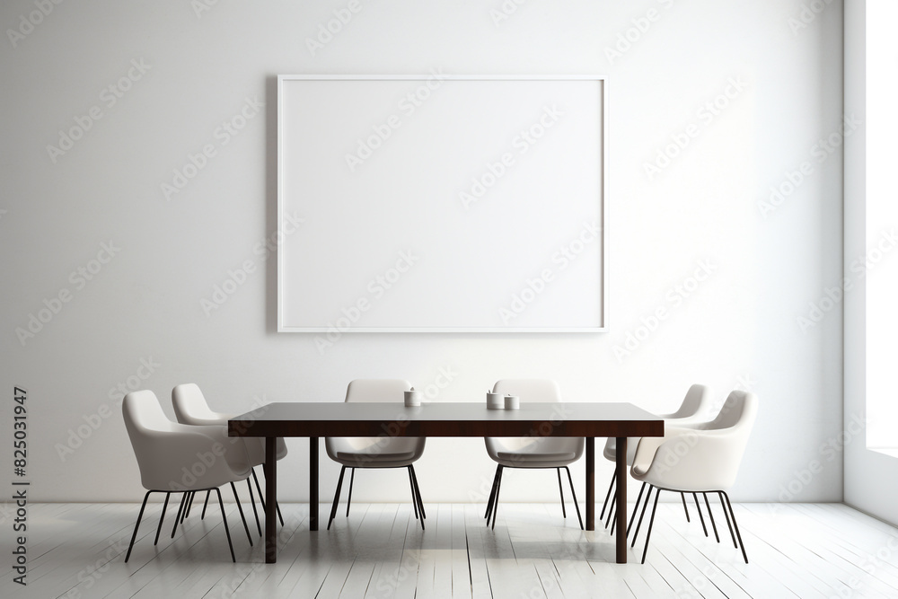A high-definition shot of a minimalistic meeting room, its wall showcasing a pristine blank frame allowing versatile customization. A high-definition shot of a minimalistic meeting room, its wall showcasing a pristine blank frame allowing versatile customization.