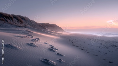 A deserted beach at dawn, the first light of day illuminating dunes and footprints in the sand, conveying a sense of peace and solitude.