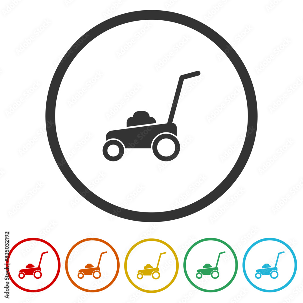 Lawn mower icon. Set icons in color circle buttons Lawn mower icon. Set icons in color circle buttons