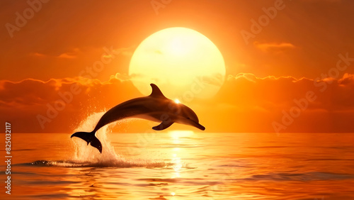 A dolphin jumping above the water with a sunset in the background