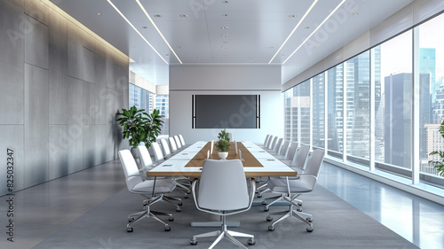 Modern conference room with city view and large table