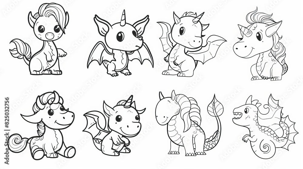 Magic fantasy creatures - unicorns, dragons, dinosaurs, fairies, and mermaids, simple thick lines. Vectorization options available.