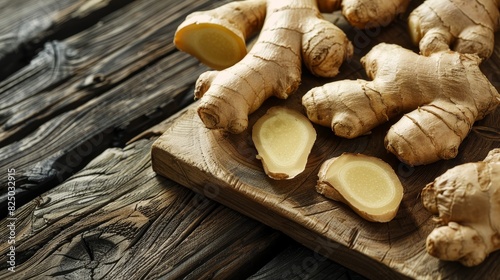 Whole and sliced ginger arranged on a wooden board, resting on a rough wooden table photo