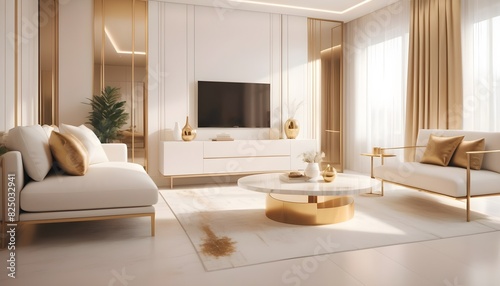 white and gold theme interior modern minimalism photo realism