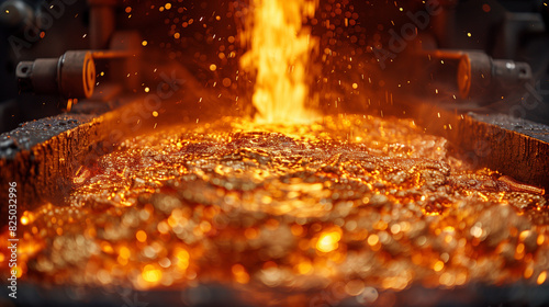 Blast Furnace in Action - Close-up of a blazing blast furnace with molten metal flowing out, showcasing the intense heat and brightness of the process