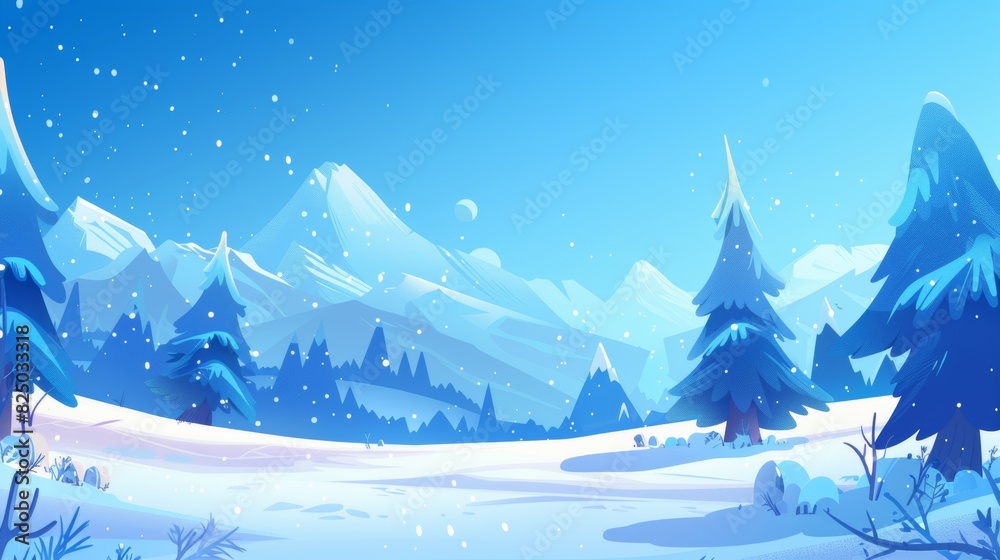 Design for website. Photoshop illustration. Snowy landscape. Snowdrifts. Snowfall. Clear blue sky. Blizzard. Cartoon wallpaper. Cold weather. Winter season. Forest trees and mountains.