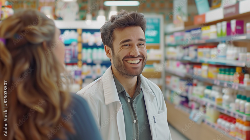 Man Consults Pharmacist in Well-Organized Drugstore for Medicine