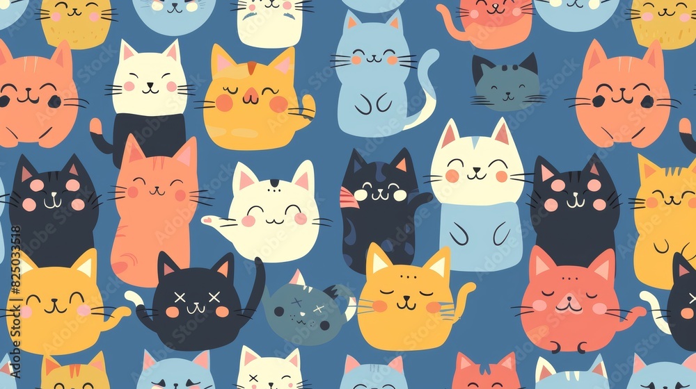 Flat color simple style design with cartoon cat characters. Different cat poses and emotions with seamless pattern. Flat color simple style design with cartoon cat characters. Different cat poses and emotions with seamless pattern.