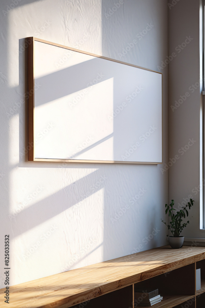 White wall with wooden shelf and plant in pot. White wall with wooden shelf and plant in pot.