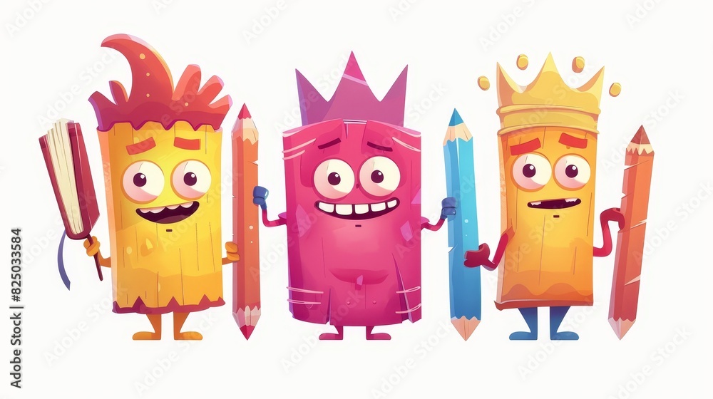 Funny cartoon school supplies and pencil book mascots in a flat white background. Funny cartoon school supplies and pencil book mascots in a flat white background.