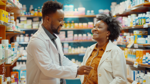 Senior Woman Assisted by Young Pharmacist in Well-Stocked Pharmacy