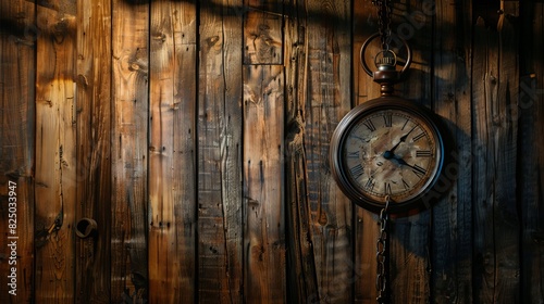 Vintage clock hanging on a rustic chain, against a wooden cabin wall, studio lighting