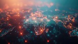 A vibrant, abstract visualization of the world at night, showcasing illuminated continents connected by digital networks.