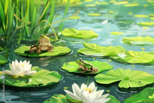 Illustration of a pond with frogs sitting on lily pads